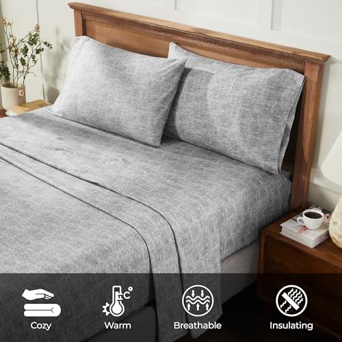 Image of Superior Melange Flannel Cotton Sheet Set, Ultra-Soft Textured Sheets, Modern, Farmhouse Bedding, Basics, Includes; Flat Sheet, Elastic Deep Pocket Fitted Sheet, Pillowcases, Twin XL, Charcoal