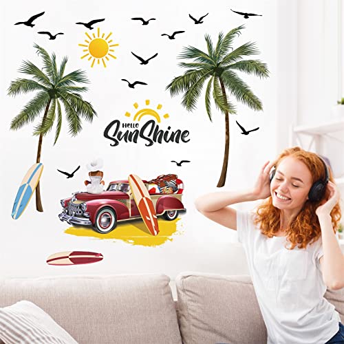 Palm Tree Wall Decals Tropical Wall Art Stickers Living Room Decor Vintage Coconut Tree Wall Decal Peel And Stick Sunshine Beach Wall Sticker For Bedroom Nursery Bathroom Kids Room Summer Supply Decor #TOP4