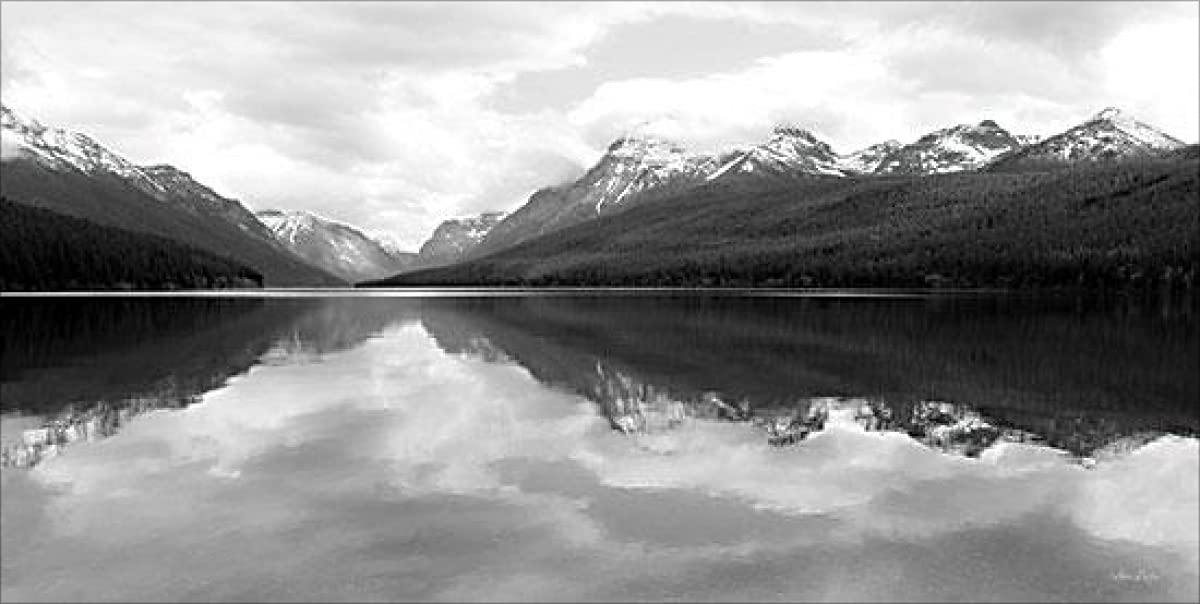 Bowman Lake Reflections By Lori Deiter 18x9 Poster. Black And White Photography At Glacier National Park. Beautiful Reflections of Mountains. Home Decor PAPER Art Print