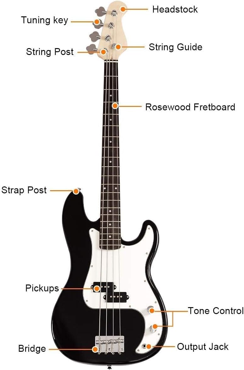 OLAKIDS Electric Bass Guitar Beginner Kit Full Size 4 String Exquisite Paulownia Burning Bass with Strap, Gig Bag, Amp Cord and Accessories (Dark)