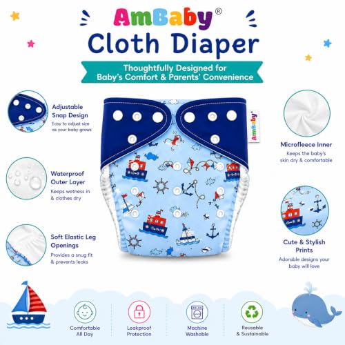 Image of Ambaby Pack of 4 Premium Pocket Cloth Diapers with 2 Diaper Covers & 2 High-Absorbency 4Layer Insert Pads. Leak-Proof, Adjustable, Breathable, Reusable & Washable. Fits Babies 3 Months-3 Years(3-18kg)