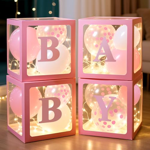 Image of Ledido Baby Boxes with Letters for Baby Shower Decoration, 4 pcs Clear Baby Balloon Boxes Blocks with LED Fairy String Lights 38 Balloons for Boy Girl Gender Reveal Birthday Party (Pink)