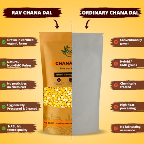 Image of Rav Organics Unpolished Organic Chana Dal | Split Bengal Gram, Chholar Dal | Premium Pulses & Legumes | Non-GMO, 100% Natural | NPOP Certified Organic Farm-Grown | Stone Ground | Chemical & Preservative Free (1 kg, Pouch)