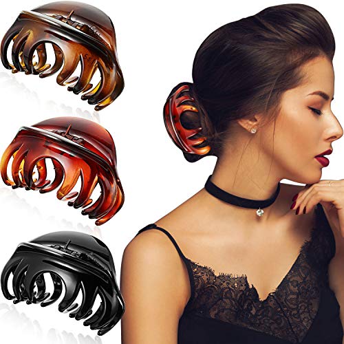 3 Pieces Big Hair Claw Clips Large Hair Clamp Plastic Chic Styling Strong Holding Hair Jaw Clip for Women Girls Thick Hair (Brown Leopard, Yellow Leopard, Glossy Black)