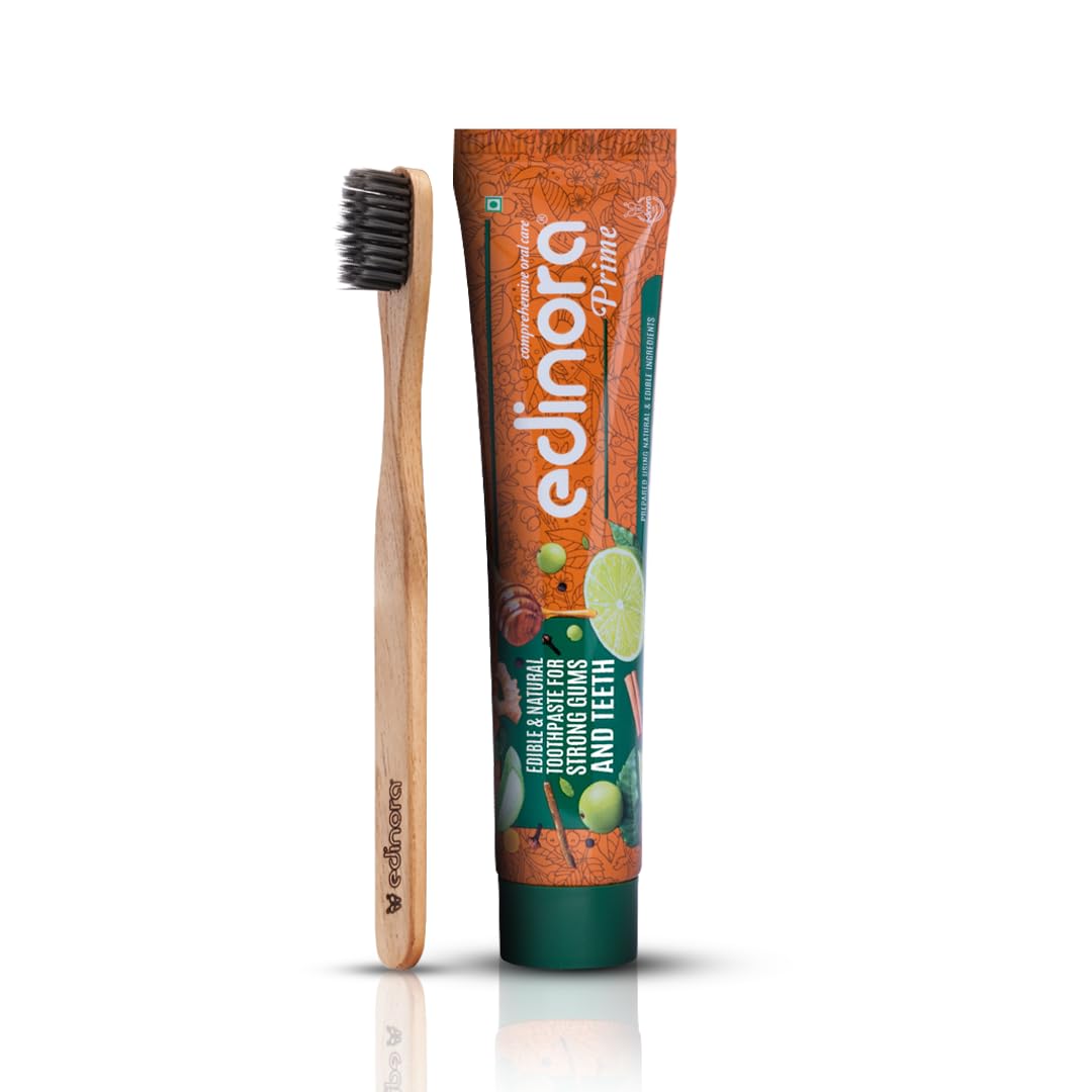 EDINORA Prime 90g Ayurvedic Oral Care Toothpaste Without Sls Parabens | Helps Strenghten Gums Edinora Clove infused Neemwood Toothbrush | Charcoal infused soft bristles | Ecofriendly | Combo Pack (B0CYCD6NFS) Amazon Price History, Amazon Price Tracker