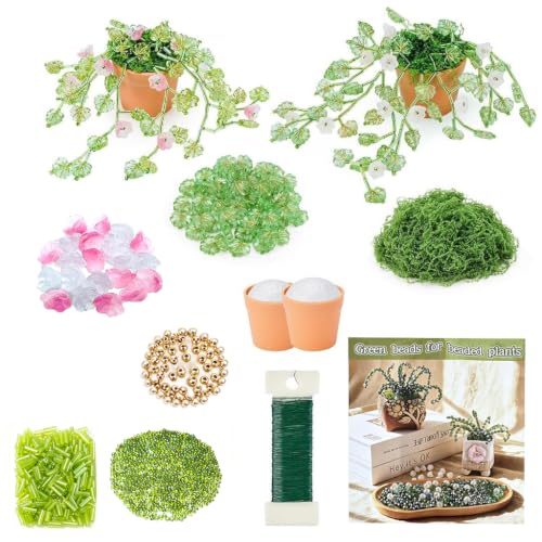 Image of PATPAT 1050Pcs+ Beads Kit for DIY Beaded Planter Kit, Green Glass Bead Hanging Plant Ornament Making Set with DIY Craft Supplies Tools for Home Decor and Garden Decor