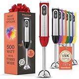 Powerful Immersion Blender, Electric Hand Blender 500 Watt with Turbo Mode, Detachable Base. Handheld Kitchen Blender Stick for Soup, Smoothie, Puree, Baby Food, 304 Stainless Steel Blades (Red)
