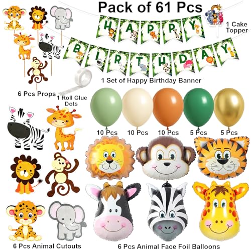 Image of Rozi Decoration Jungle Theme Birthday Decoration Kit Pack of 61 Pcs with Happy Birthday Paper Banner, Animal Face Foil Balloons, Latex Balloons, Animal Cutouts, Cake Topper and Props for Kids Birthday