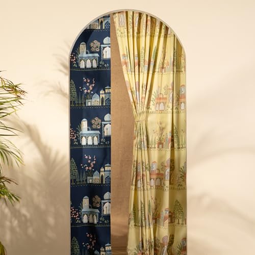 Image of Tranquebar Curtain Co. Window Curtains 5 Feet, 60-65% Room Darkening,Blue Mughal Print, Cotton Curtains for Window, Cotton Curtains 5 Feet Long Set of 2, BackTab Loops,Agra (152 cm) - Set of 2