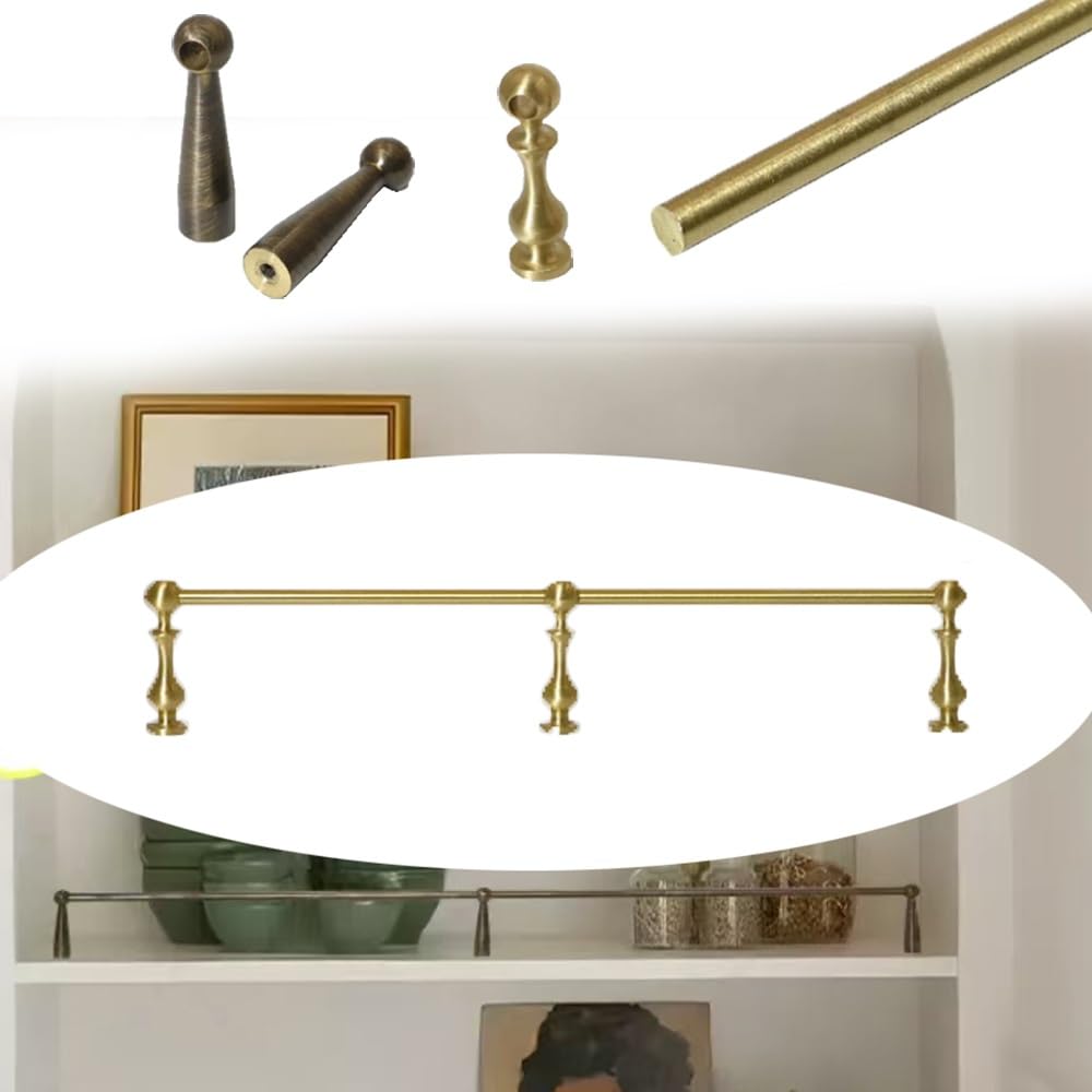 SVBVRFEEW Cabinet Fence Decorative Tipping Guard Rails Brass Shelves Guardrail 20 25 30 35 40in Gallery Rails Retro Shelf Fence Rod for Wood Shelves(Gold A,17in/43.2cm)