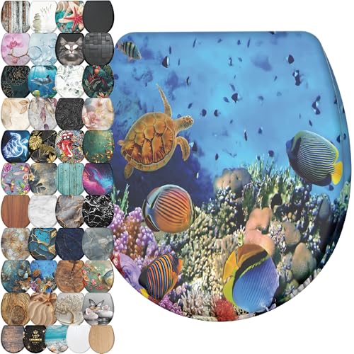 Image of Sanilo Wooden Toilet Seat with Quick Release & Soft Close [ROUND] - Decorative & Slow Close Molded Wood Seat - With One Click for Easy Installation & Cleaning - With Adjustable Fit (Ocean)