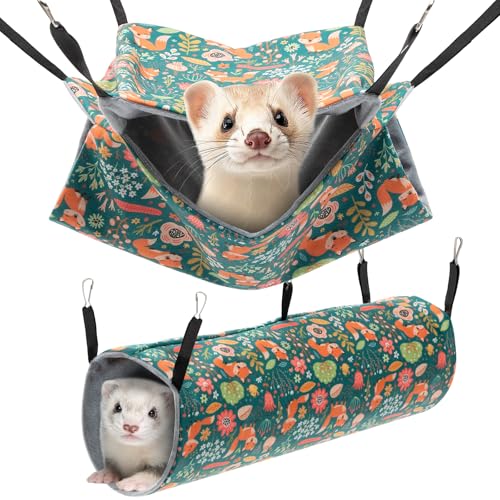 ondware 2 Pack Ferret Hammock and Tunnel Set Soft Ferret Toys Washable Rat Cage Accessories for Hamster Sugar Glider Squirrel