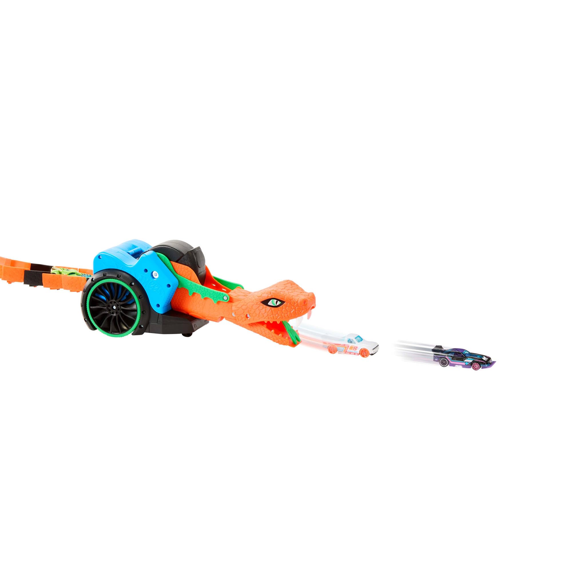 Hot Wheels Let's Race - R/C Sfida al Serpente, veicolo radiocomandato ispirato alla serie Netflix con lanciatore e rimorchio, macchinina GT Scorcher in scala 1:64 inclusa, JGD11