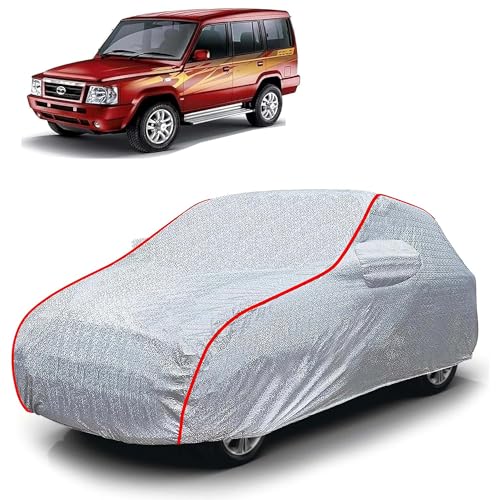 Image of Sulfar 100% Waterproof Car Body Cover Compatible with Mirror for Tata Sumo (Triple Stitched, Full Bottom Elastic, Magic Silver with Red Piping)