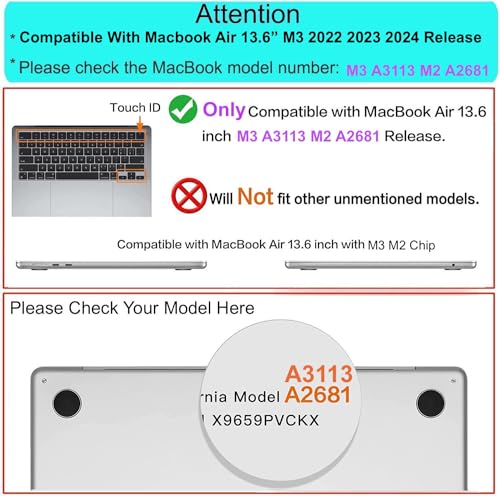 GVTECH Case for MacBook Air 13.6 inch 2024 2023 2022 Release M3 A3113 M2 A2681 Crystal Clear Case, Plastic Hard Shell & Keyboard Cover & Screen Protector for with MacBook Air 13.6