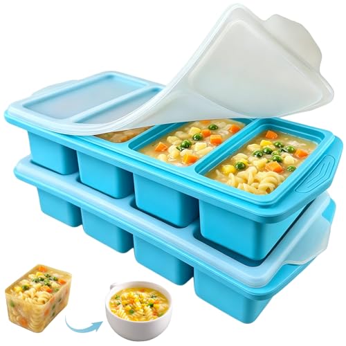 2Pack Silicone Soup Freezer Container Silicone Freezer Mould with Lid 250mL/125mL 4-Compartment S0uper Cube Storage Containers Ice Cube Tray for Broth Soup Leftovers Sauce