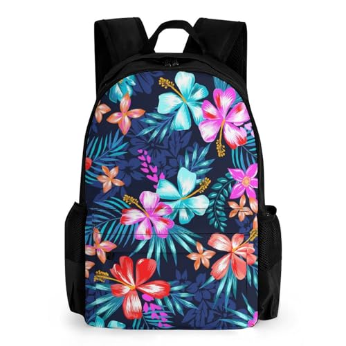 Hawaiian Colorful Hibiscus Flowers Tropical Palm Tree Leaves Art Rucksacks Polyester Anti-Theft Multipurpose Carry On Bag Large Capacity Gym Outdoor Hiking Backpack With Smooth Zippers