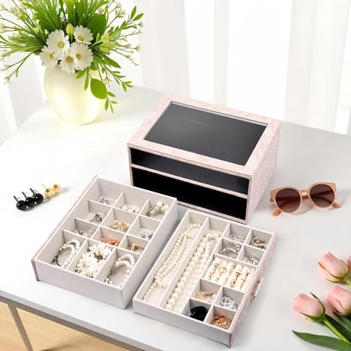 Image of BucketList Premium PU Leather Jewellery Organizer Box with Glass Lid | 2 Pull-Out Drawers Multi-Compartment Storage for Rings, Earrings, Necklaces & Bracelets (2-Layer Jewelry Box (White))