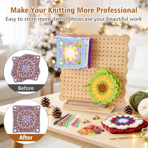 Image of LIVSMON 9.1 inch Crochet Blocking Board with Pins, Handcrafted Knitting Blocking Mat Board with 20 Stainless Steel Pegs for Knitting Crochet and Granny Squares, Gifts for Grand Mothers, Mothers