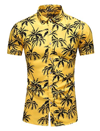 LEFTGU Men's Slim fit Short-Sleeve Printed Hawaiian Shirt (Yellow 9019, Medium)