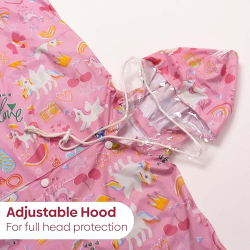 Image of Haus and Kinder Kids Raincoat with Hood - 1 Waterproof, Pink, Age 6-10, with Pockets (Puddlecorn Series)