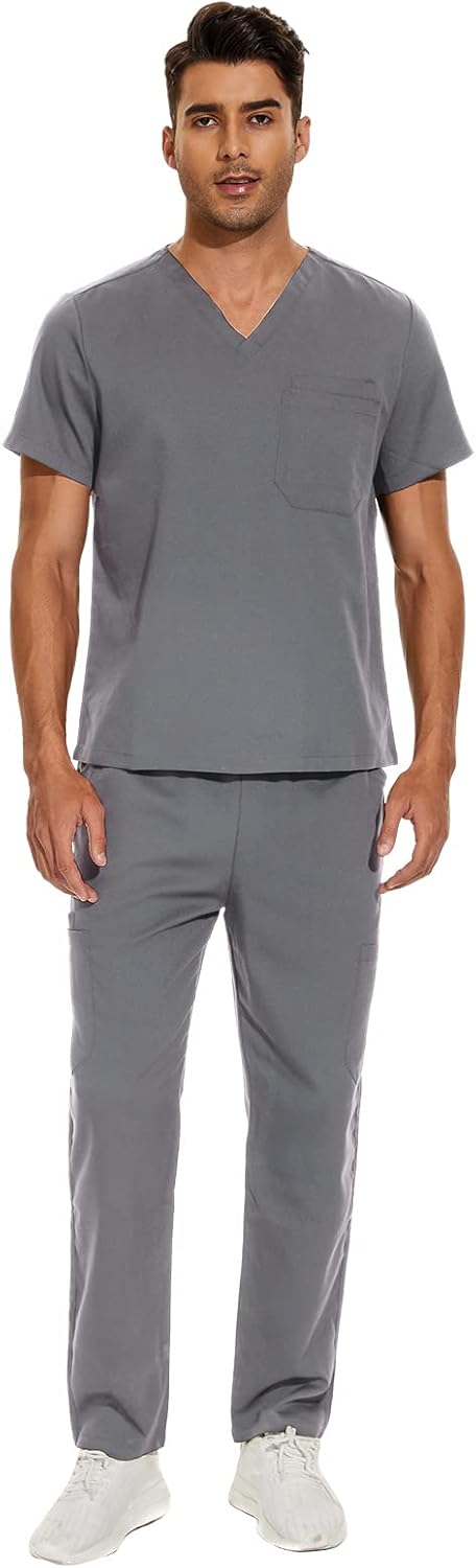 VIAOLIScrubs for Men Sets Scrubs for Men Sets Men's Medical Stretch V-Neck Athletic Scrub Cargo Set with 6-Pocket Pants