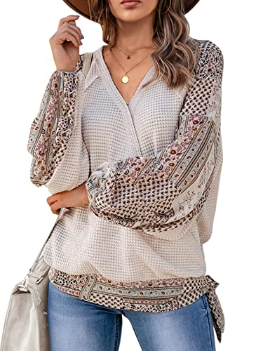 Image of Womens Boho Patchwork Blouse Tops Waffle Knit Wrap Cross Puff Sleeve Tie Knot V Neck Summer Shirts (Beige, Small)