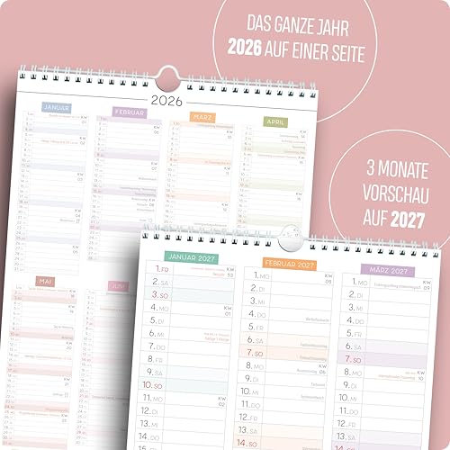 Familienkalender 2026 5 Spalten PASTELL Familienplaner 2026 mit STICKER Urlaub Recycling Ferien Wandplaner 2026 Wandkalender 23 x 43cm inkl. Okt-Dez 2025, Pflanzkalender, Kunst Design Boho