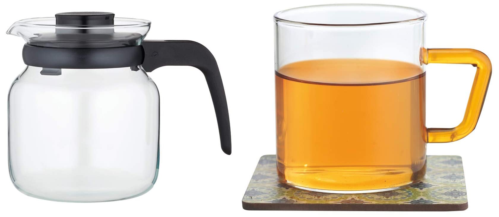 Borosil - Carafe Flame Proof Glass Kettle with Stainer, 650 ml + Borosil Vision Tea N Coffee Glass Mug Set of 6 - Microwave Safe, Yellow Handle, 190 ml