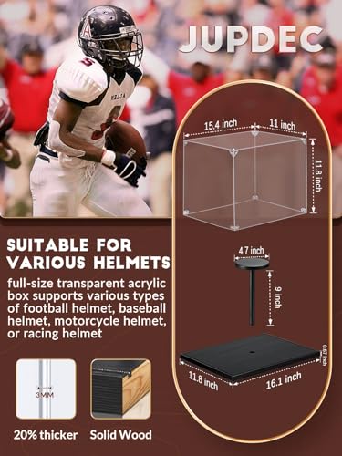 Image of JupDec Football Helmet Display Case, Full Size Acrylic Baseball Motorcycle Helmet Showcase, UV Protection Souvenirs and Collectibles Box with Solid Wood Base & Riser, Ideal Gift for Sports Fans, Black