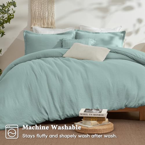 Image of David's Home Cotton Muslin Comforter Set Twin Size, 100% Cotton Cover Ultra-Soft Breathable Skin-Friendly for Spring Summer, 2PCS Linen Like Gauze Bedding Set with Polyester Filling, Teal Blue