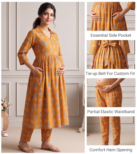 Image of DUMMY SHAPE Maternity Dresses for Women Cotton | Floral Kurta Pant Dupatta Set with Nursing Zippers, Side Pocket | Pre & Post Pregnancy | Feeding Kurti Suit | Baby Shower | Gifts for Pregnant Woman