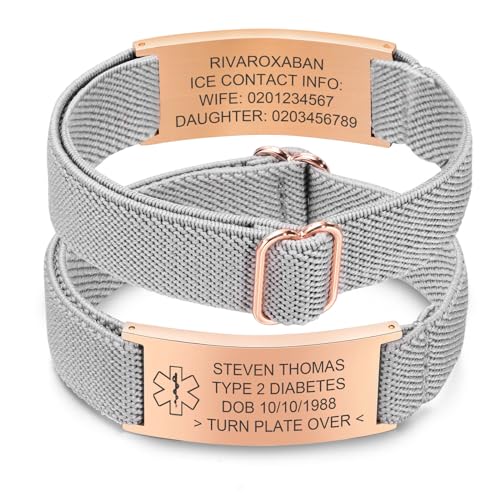 Bracelet Personnalisé d'urgence pour l'alarme Médicale - Élastique Réglable SOS ID Bracelet avec Gravure Allergie Diabète Épilepsie Numéro de Téléphone Bracelets d’urgence pour Enfants Femmes Hommes