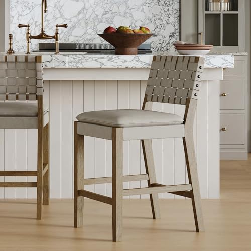 Image of Nathan James Cohen Coastal Bar Stool, Wood Counter Height Leather Bar Stool with Back for Kitchen Island, Taupe