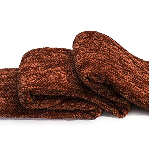 Dozzz Thick Fluffy Chenille Knitted Throw Blanket With Decorative Fringe And Striped For Couch Cover Sofa Chair Bed Gift Rust #TOP4