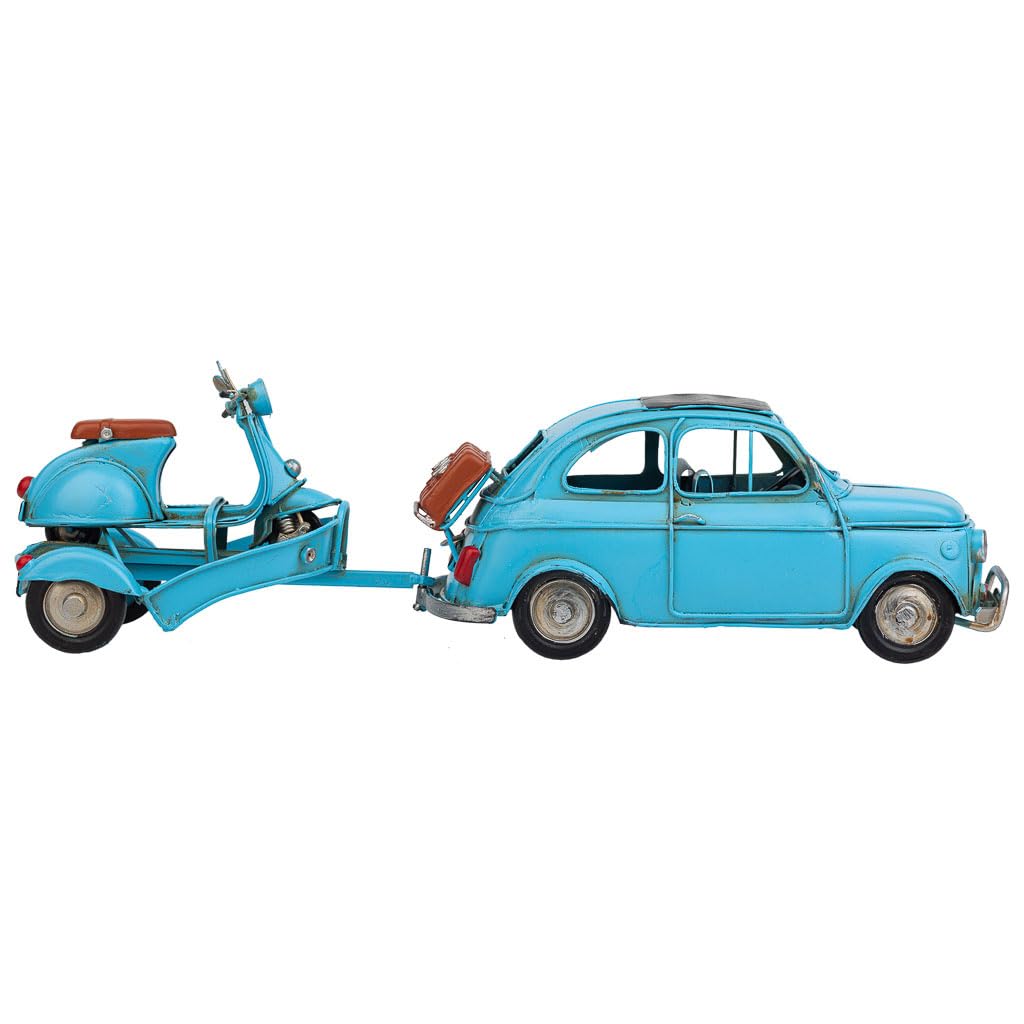 WANDERLUST DECO Coche de remolque con Moto de Metal Azul 34x10x10.5