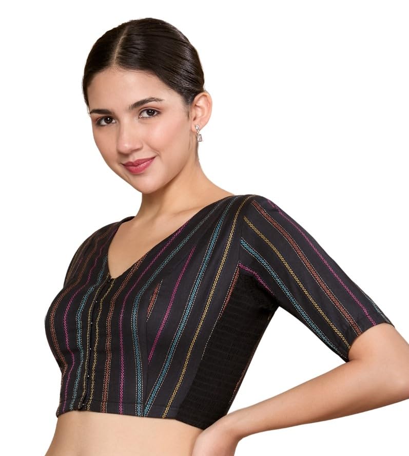 Image of Studio Shringaar Women's Cotton Handloom Stripes Stretchable (Smocked) Readymade Saree Blouse