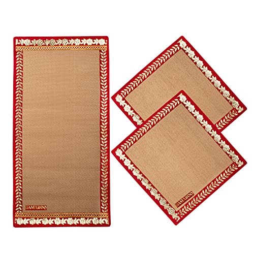 Image of Damaroo Designer Pooja Room Mats-Combo Pack of 3 Pooja Aasans-Handcrafted Aasan for Puja for Sitting Praying Meditation Gifting-1 Large Mat (2x4 ft) + 2 Small Mats (2x2 ft each) (Golden Mat with Red Gota Patti)