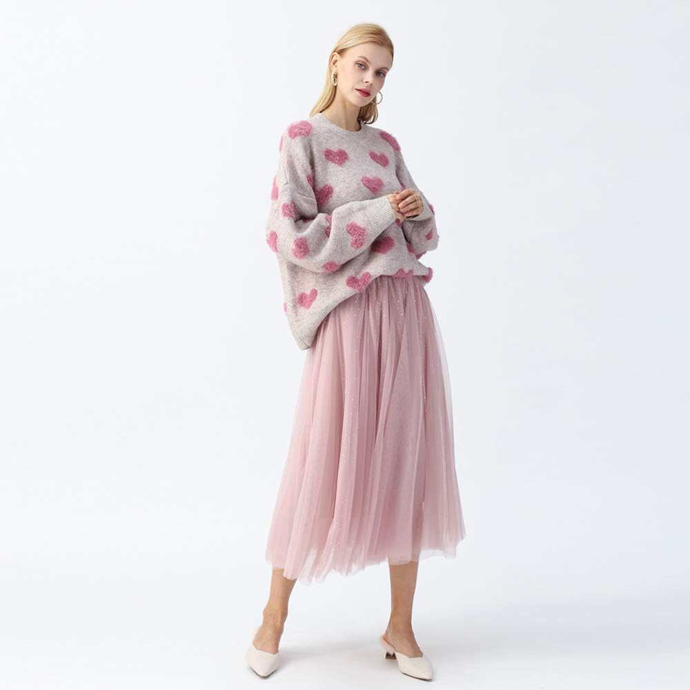 CHICWISH Women's Comfy Casual Pink Fuzzy Hearts Knit Sweater Pullover Sweatershirt