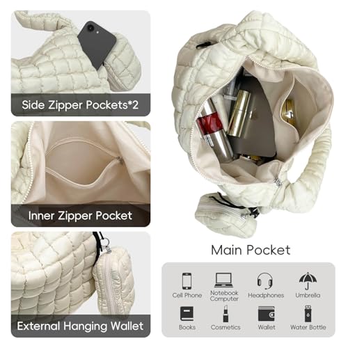 Image of Puffer Tote Bag for Women, Large Quilted Puffer Bag with Pouch, Puffy Quilted Hobo Bag, Puff Crossbody Purse