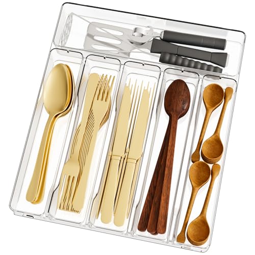 Clear Silverware Organizer for Kitchen Drawers,BPA Free Cutlery Drawer Organizer,6