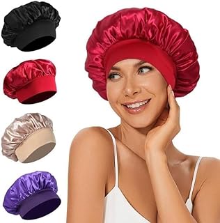 بونيه ساتان للنوم - بونيه شعر مبطن بالساتان الحريري مع رباط قابل للتعديل - قبعة نوم مريحة للنساء لحماية الشعر الطبيعي أو الضفائر او التصفيفات المجعدة او المستقيمة (لون عشوائي)
