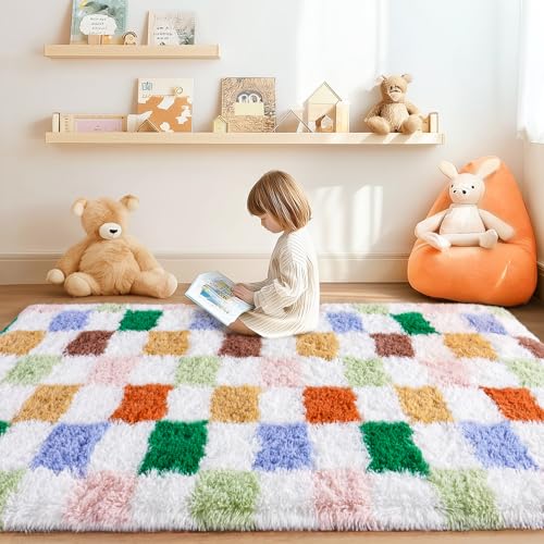 Checkered Rug 4x6 for Bedroom, Green and Orange Colorful Fluffy Area Rugs by Awaytail - Used condition - Image 6