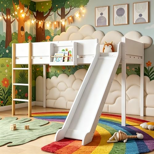 Yihomfy Lit Toboggan Enfant 90x200 cm avec Échelle Droite,Lit Superposé Enfant avec Rangement Amovible,Blanc et Naturel
