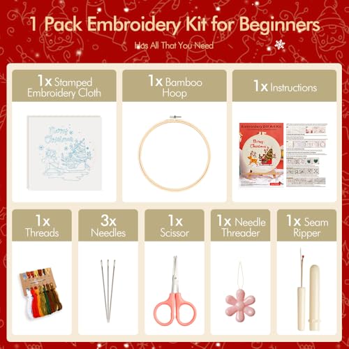 Image of wtisan Christmas Embroidery Kit, Cross Stitch Kits for Beginners, Needlepoint with All Tools & Instructions, Stamped Hand Embroidery Starter Kit for Holiday Crafts & Xmas Home Decor, W15