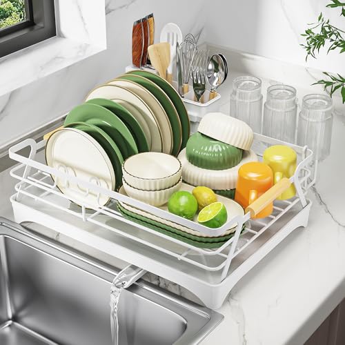 Epicano Dish Drying Rack for Kitchen Counter,Space-Saving Dish Rack,Rustproof Dish Drainer with Utensil Holder and Knife Slots for Sink,Kitchen Drying Rack with Wooden Handle and Cup Holder,White