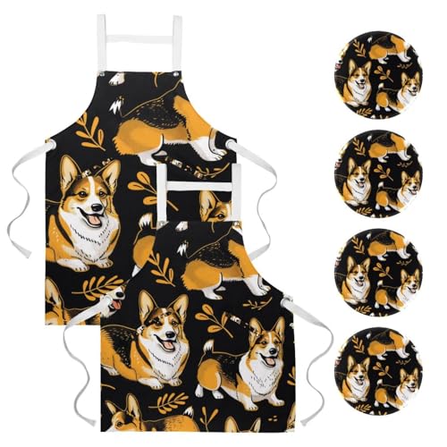 Tablier de cuisine Corgi noir multicolore avec broches style One ajustable