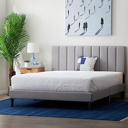 Lucid Queen Bed Frame With Headboard – Vertical Channeled Upholstered Platform Frame – Queen Size Bed Frame With Headboard – No Box Spring Needed - Stone #TOP2