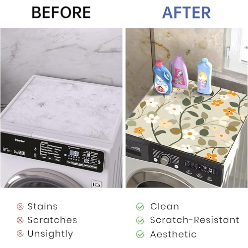 Image of Yellow Weaves Washer & Dryer Cover for Top, 60 x 60 cm, Washing Machine Top Protector Mat for Kitchen /Laundary Room, Water Absorbing, Dustproof, Scratch Resistant & Non-Slip (Botanical Beige)