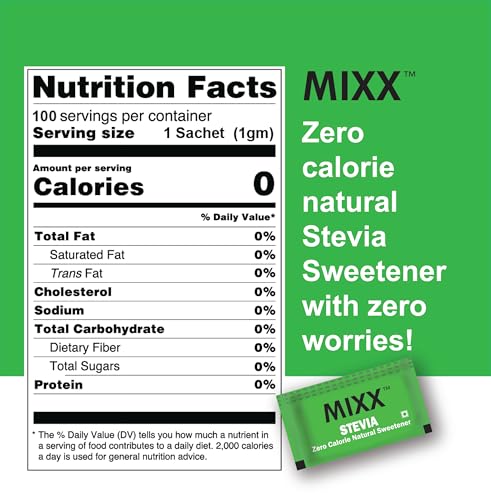 Image of Mixx Stevia Sugar Free Natural Sweetener! Zero Calorie - Zero Fat -Zero Carb - Zero worries! Diabetic Friendly! 100 Sachets -1 Pack